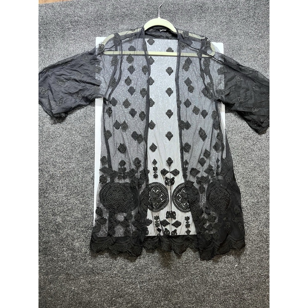 Kimono Top Shirt Black Sheer Mesh Lace Gothic Witchy Medium Boho Beachy